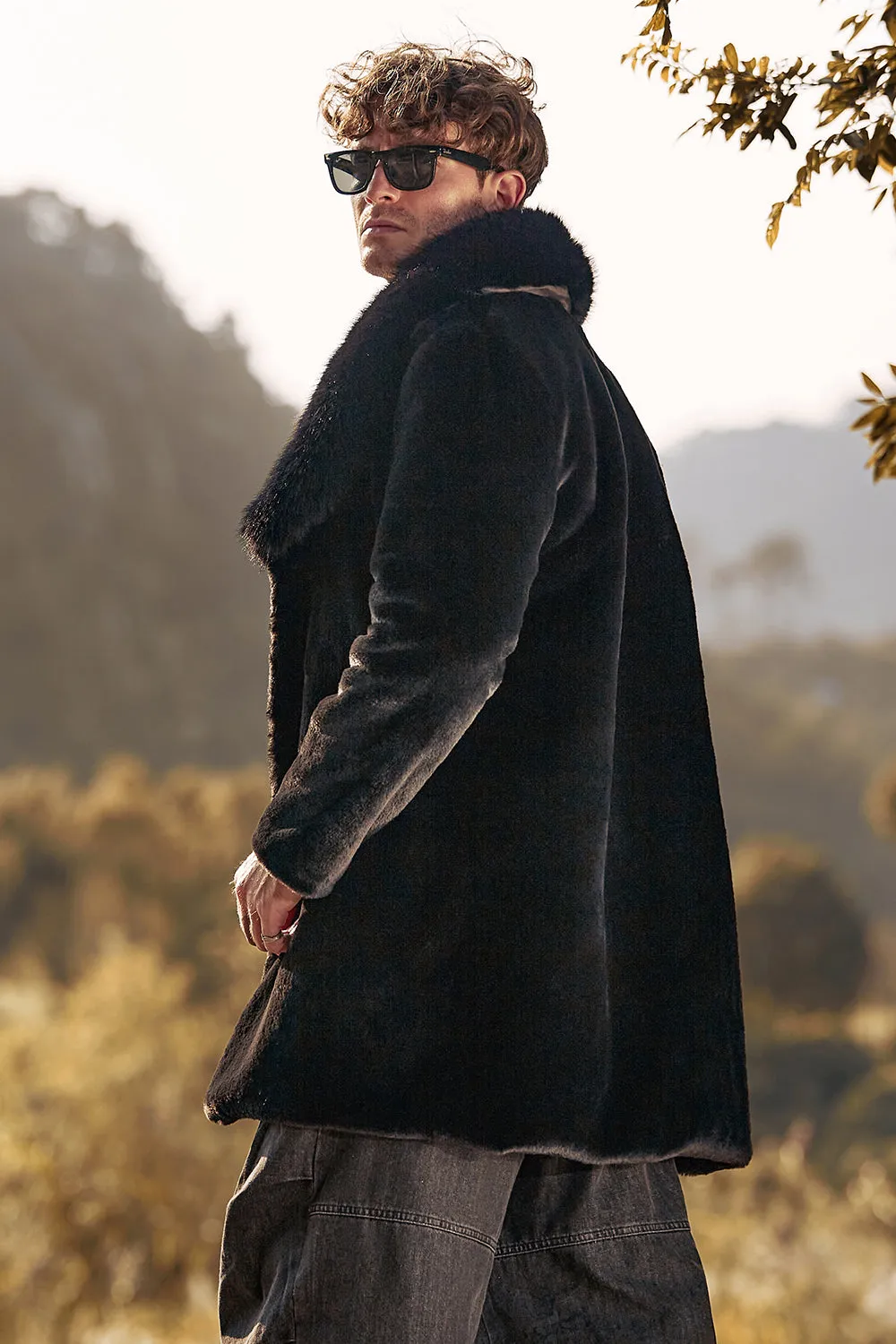 Black Luxury Faux Fur Winter Long Men's Coat with Long Sleeves sold by Zapaka product image thumbnail 2