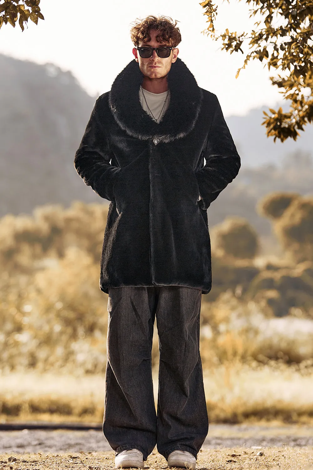 Black Luxury Faux Fur Winter Long Men's Coat with Long Sleeves sold by Zapaka product image thumbnail 4