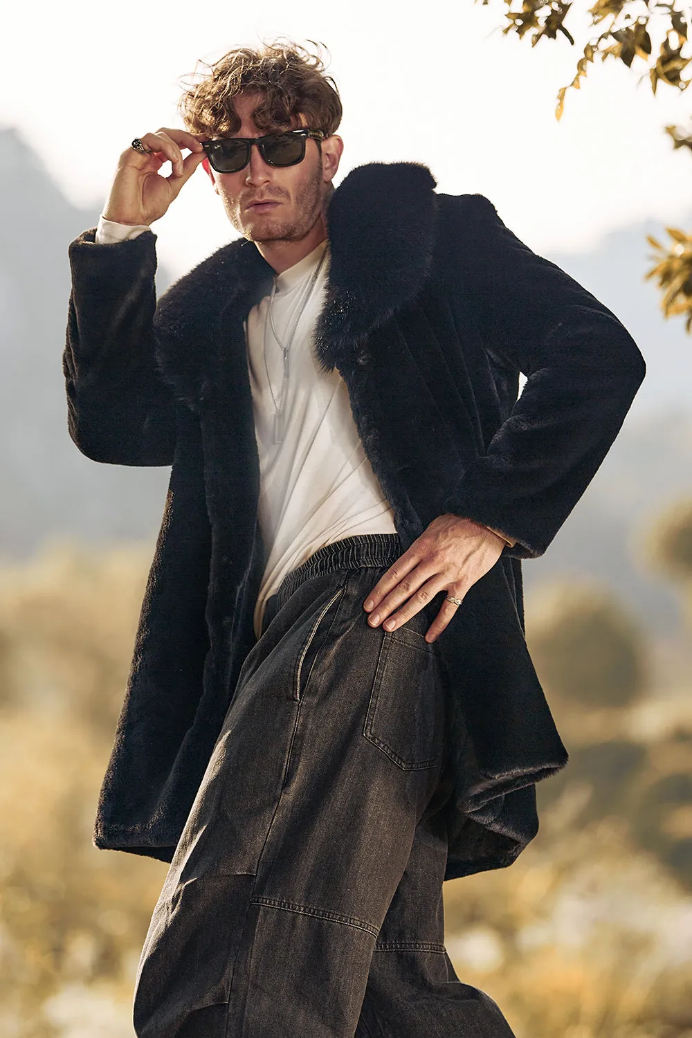 Black Luxury Faux Fur Winter Long Men's Coat with Long Sleeves sold by Zapaka product image thumbnail 3
