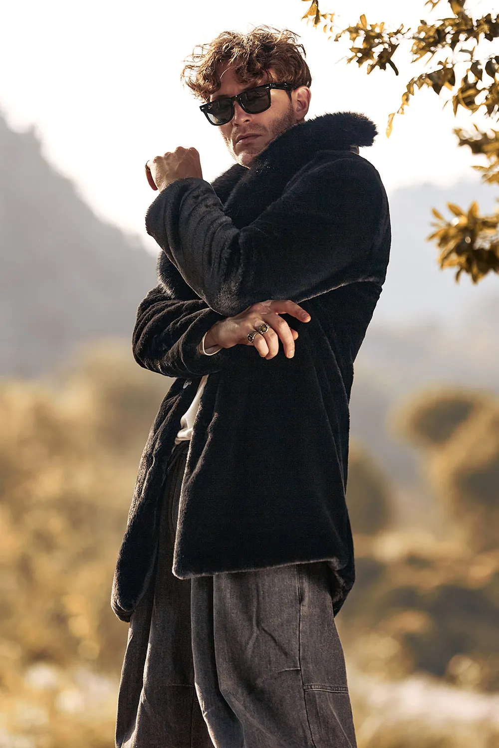 Black Luxury Faux Fur Winter Long Men's Coat with Long Sleeves sold by Zapaka product image thumbnail 5