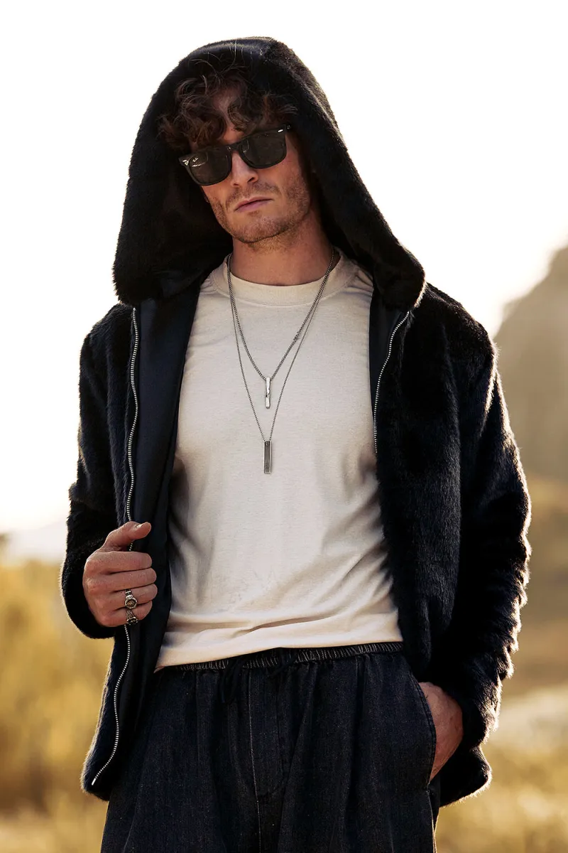 Black Men's Coat Faux Fur Long Sleeves Winter Outerwear sold by Zapaka