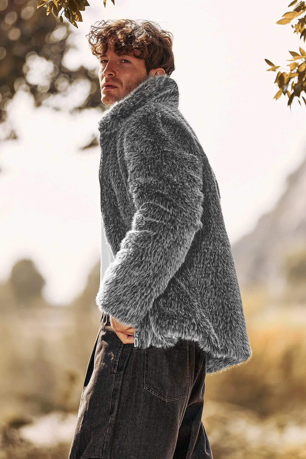 Dark Grey Faux Fur Turn Collar Zip Up Short Men Coat sold by Zapaka product image thumbnail 3