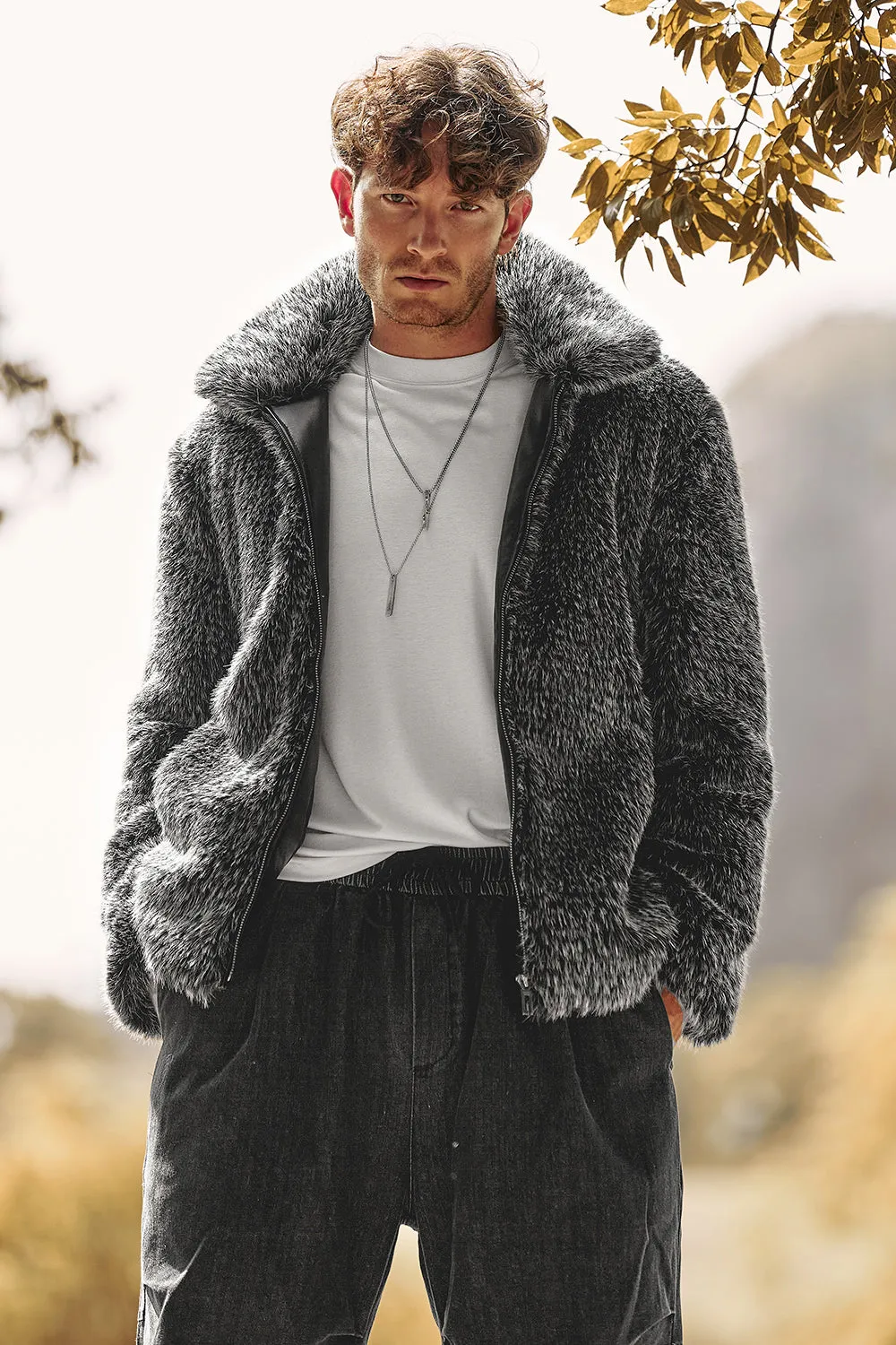 Dark Grey Faux Fur Turn Collar Zip Up Short Men Coat sold by Zapaka