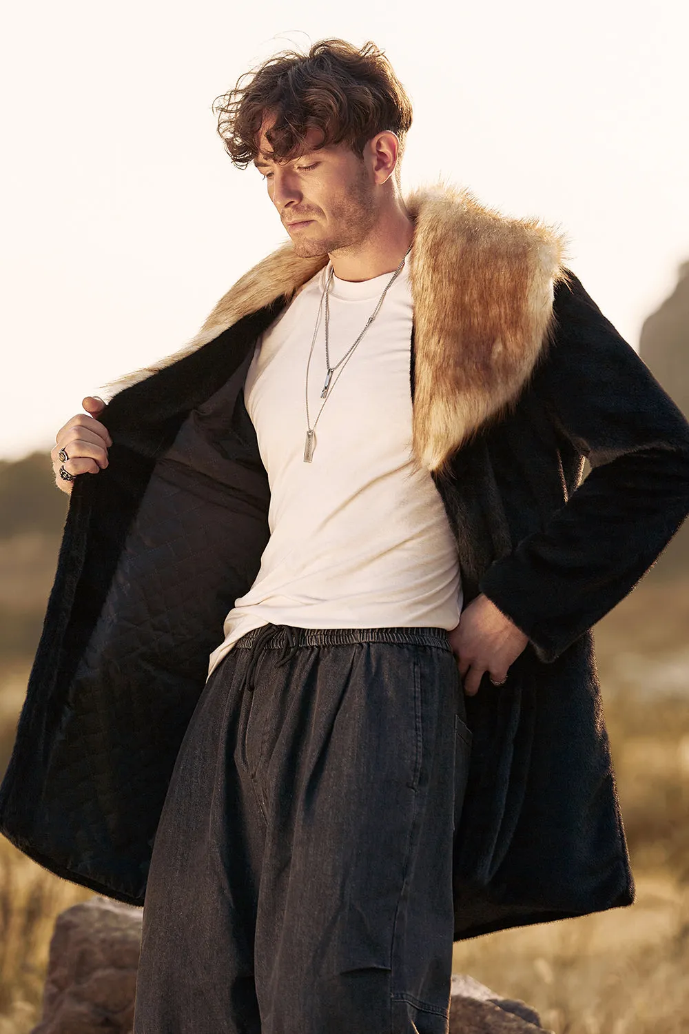 Fluffy Black Shawl Lapel Faux Fur long Men's Coat sold by Zapaka product image thumbnail 4