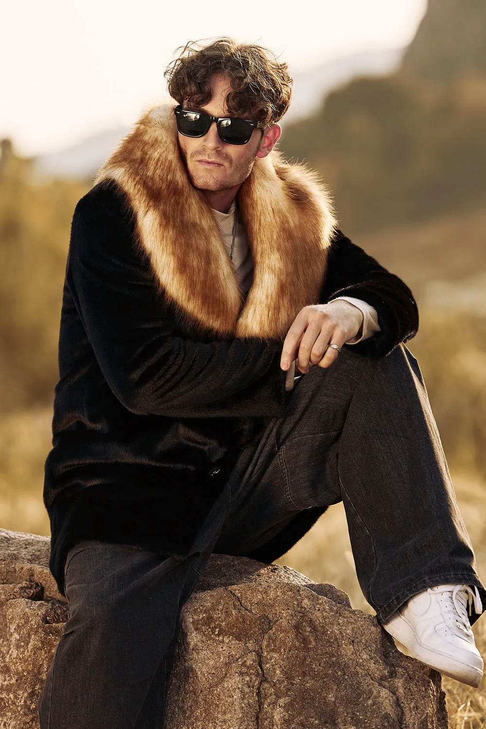 Fluffy Black Shawl Lapel Faux Fur long Men's Coat sold by Zapaka product image thumbnail 5