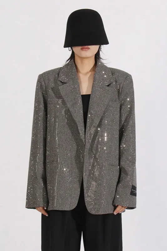 Sparkly Grey Notched Lapel Sequined Women Blazer sold by Zapaka