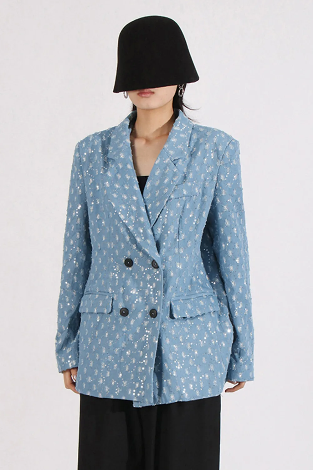 Sparkly Blue Notched Lapel Women Blazer with Sequins sold by Zapaka