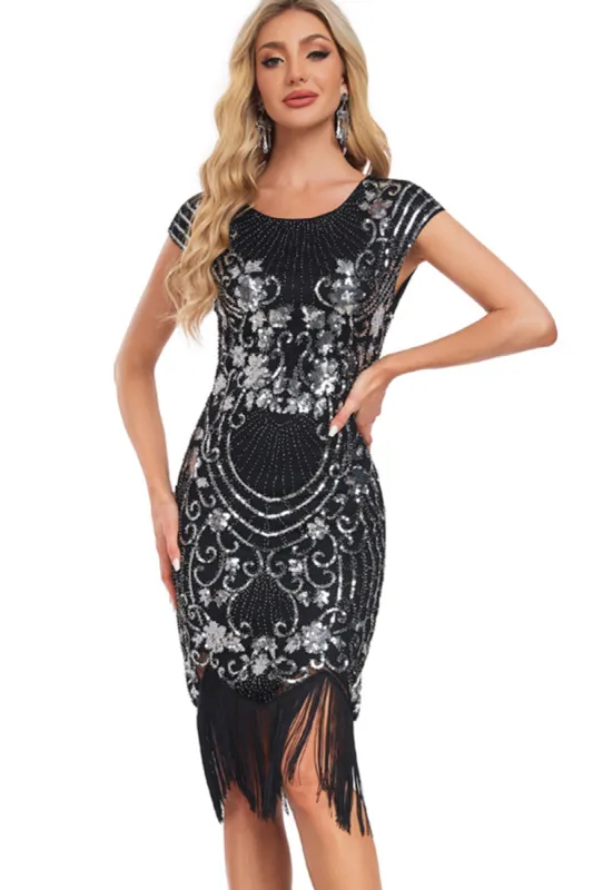 Black Sheath Cap Sleeves Sequins 1920s Flapper Dress with Fringes sold by Zapaka