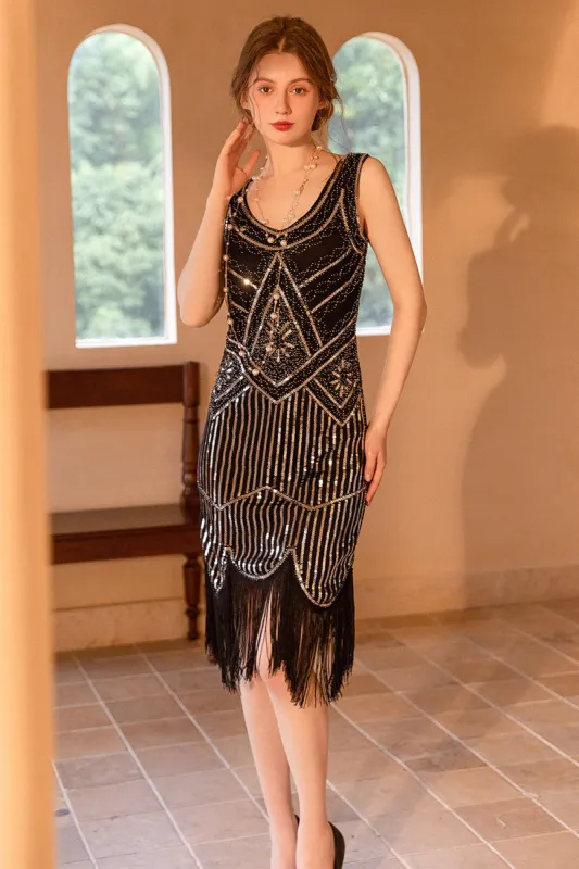 Sparkly Black Golden Sheath Sequins 1920s Flapper Dress with Fringe sold by Zapaka