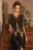 Sparkly Black Golden Short Sleeves V-neck Sequins 1920s Gatsby Dress with Fringes sold by Zapaka