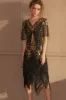Sparkly Black Golden Short Sleeves V-neck Sequins 1920s Gatsby Dress with Fringes sold by Zapaka