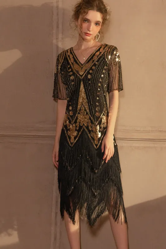 Sparkly Black Golden Short Sleeves V-neck Sequins 1920s Gatsby Dress with Fringes sold by Zapaka