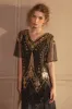 Sparkly Black Golden Short Sleeves V-neck Sequins 1920s Gatsby Dress with Fringes sold by Zapaka