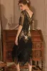 Sparkly Black Golden Short Sleeves V-neck Sequins 1920s Gatsby Dress with Fringes sold by Zapaka