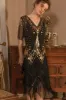 Sparkly Black Golden Short Sleeves V-neck Sequins 1920s Gatsby Dress with Fringes sold by Zapaka