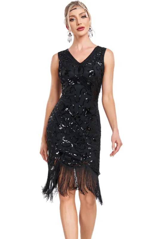 Sparkly Black Sequins V-Neck 1920s Flapper Dress with Fringes sold by Zapaka