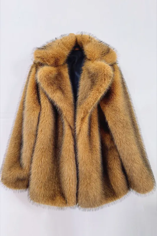 Fluffy Brown Notched Lapel Faux Fur Coat sold by Zapaka