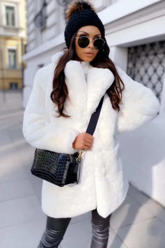 White Fluffy Women's Fur Coat with Pockets sold by Zapaka