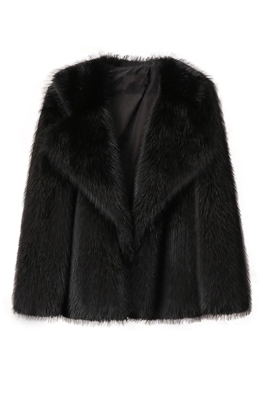Black Notched Lapel Long Sleeves Faux Fur Short Coat sold by Zapaka