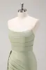 Sage Strapless Mermaid Satin Long Bridesmaid Dress with Slit sold by Zapaka