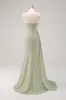 Sage Strapless Mermaid Satin Long Bridesmaid Dress with Slit sold by Zapaka