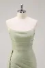 Sage Strapless Mermaid Satin Long Bridesmaid Dress with Slit sold by Zapaka