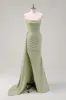 Sage Strapless Mermaid Satin Long Bridesmaid Dress with Slit sold by Zapaka