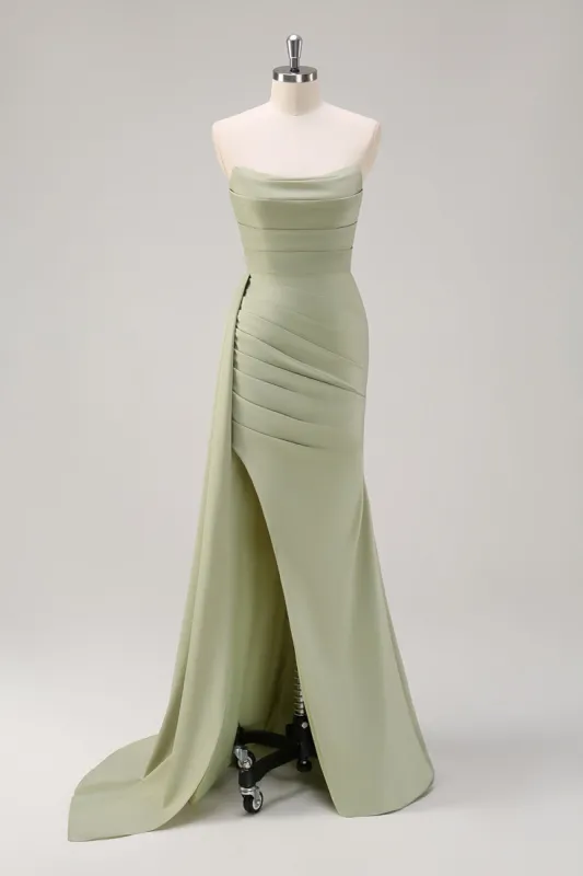 Sage Strapless Mermaid Satin Long Bridesmaid Dress with Slit sold by Zapaka