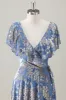 Grey Blue V Neck A-Line Burnout Velvet Floral Printed Bridesmaid Dress sold by Zapaka