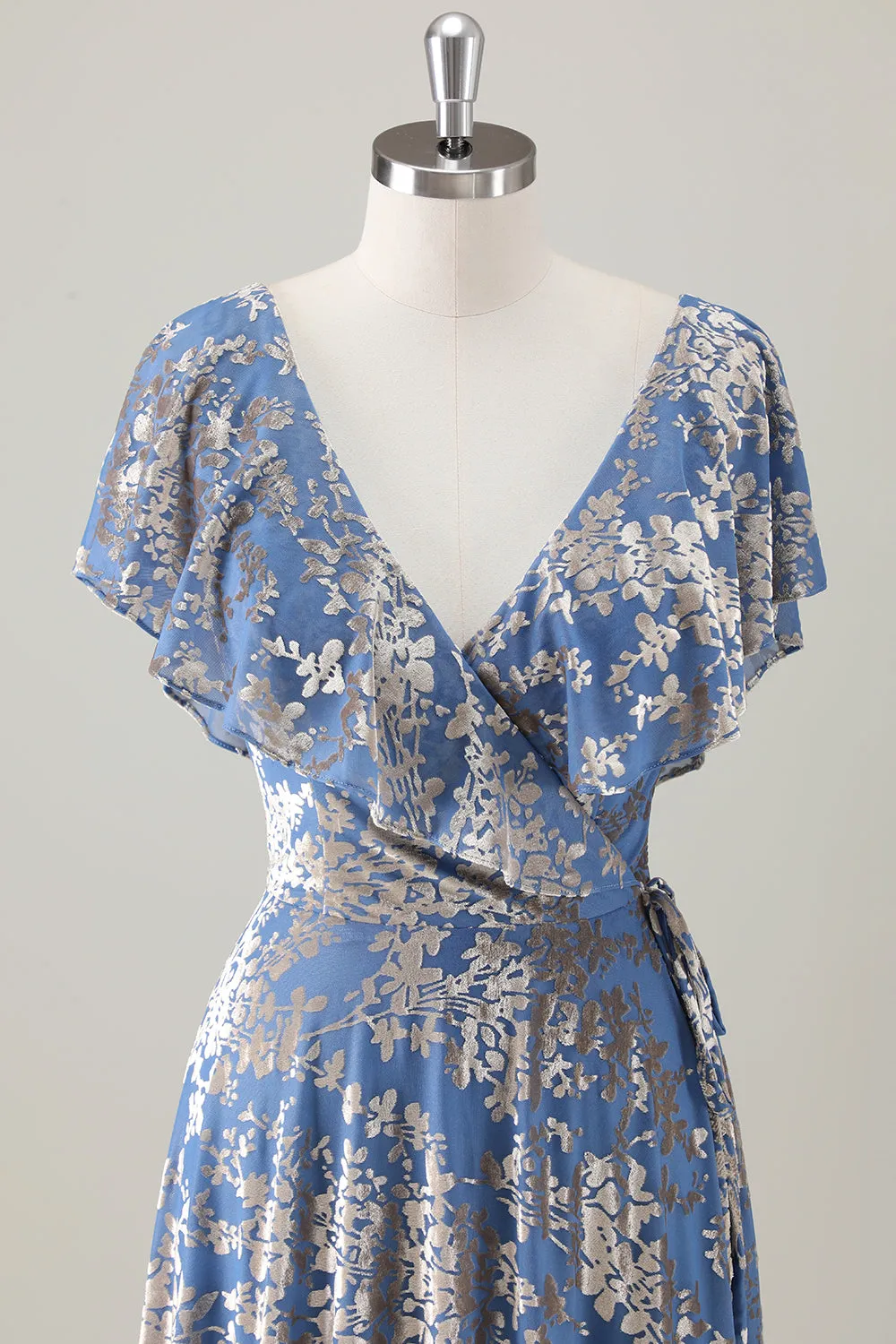 Grey Blue V Neck A-Line Burnout Velvet Floral Printed Bridesmaid Dress sold by Zapaka product image thumbnail 4