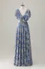 Grey Blue V Neck A-Line Burnout Velvet Floral Printed Bridesmaid Dress sold by Zapaka