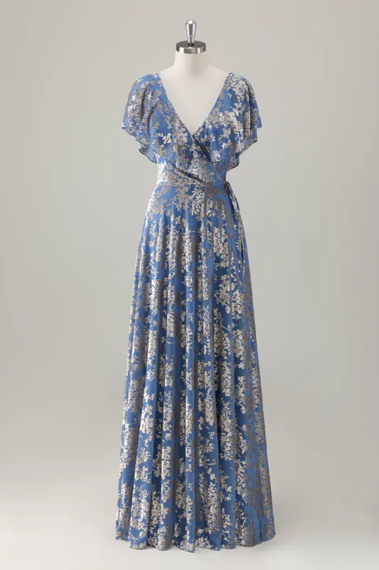 Grey Blue V Neck A-Line Burnout Velvet Floral Printed Bridesmaid Dress sold by Zapaka