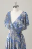 Grey Blue V Neck A-Line Burnout Velvet Floral Printed Bridesmaid Dress sold by Zapaka