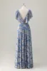 Grey Blue V Neck A-Line Burnout Velvet Floral Printed Bridesmaid Dress sold by Zapaka