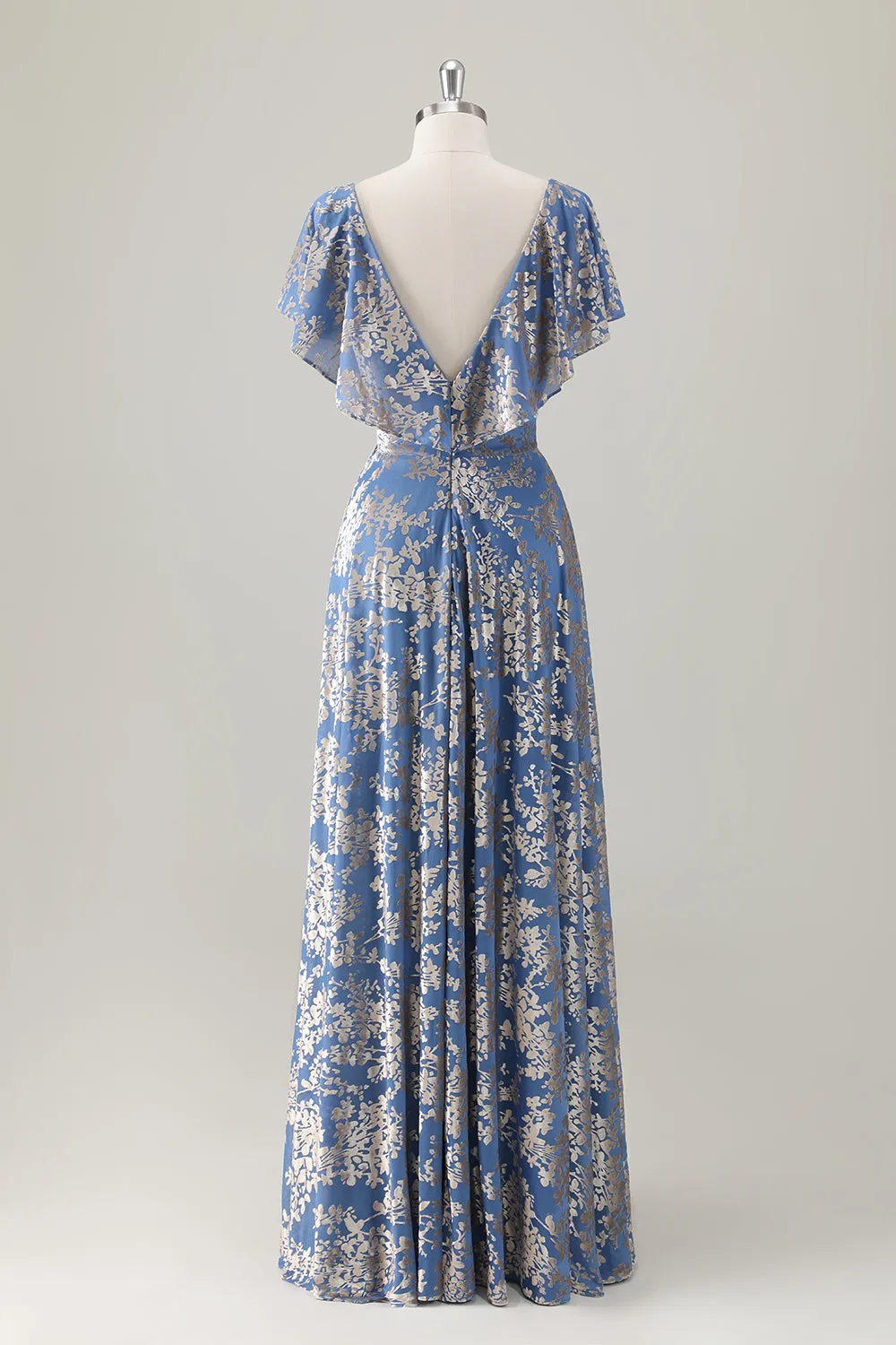 Grey Blue V Neck A-Line Burnout Velvet Floral Printed Bridesmaid Dress sold by Zapaka product image thumbnail 2