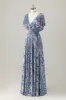 Grey Blue V Neck A-Line Burnout Velvet Floral Printed Bridesmaid Dress sold by Zapaka