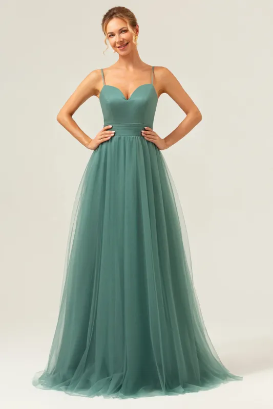 Eucalyptus Spaghetti Straps Tulle A-Line Long Bridesmaid Dress sold by Zapaka