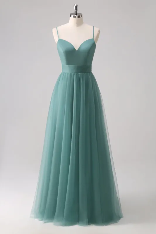 Eucalyptus Spaghetti Straps A-Line Tulle Bridesmaid Dress sold by Zapaka