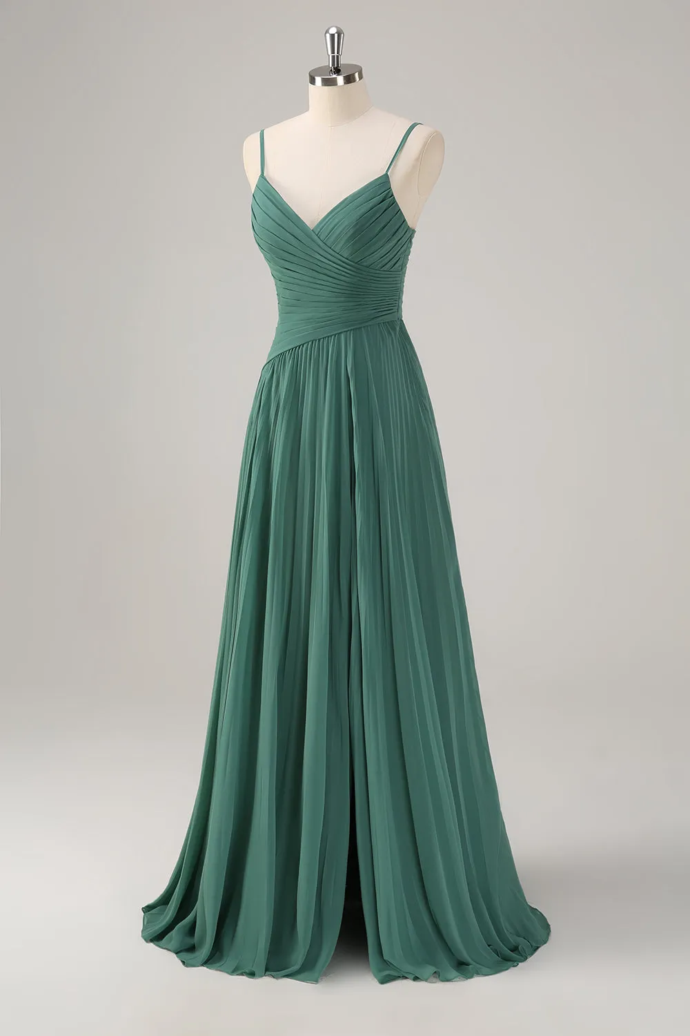Eucalyptus A-Line Spaghetti Straps Pleated Chiffon Bridesmaid Dress with Slit sold by Zapaka product image thumbnail 3