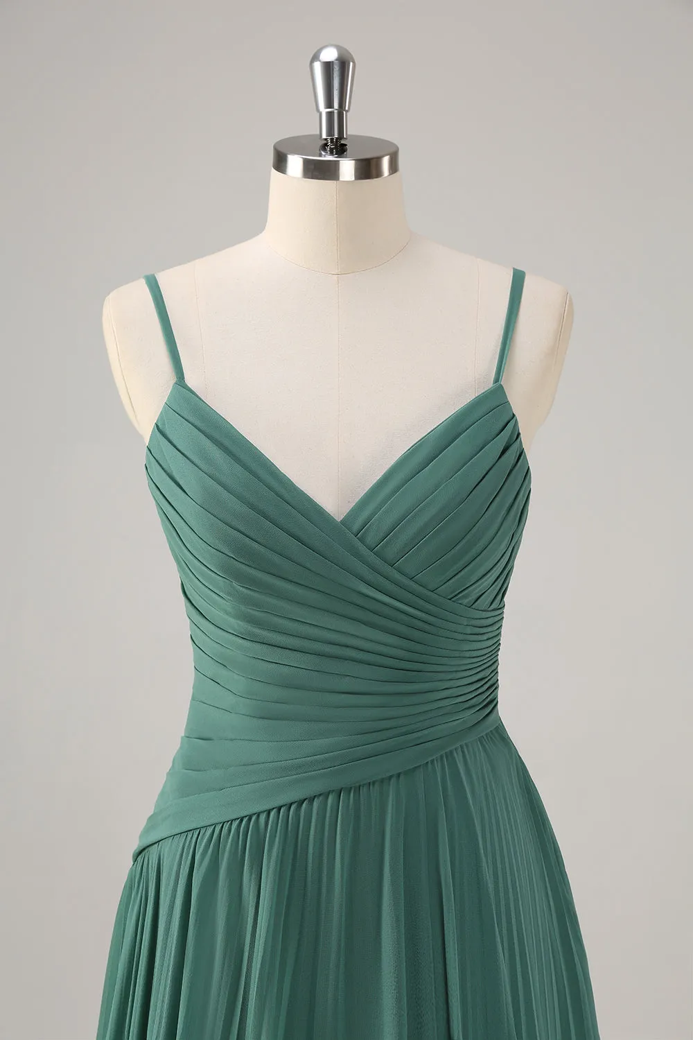 Eucalyptus A-Line Spaghetti Straps Pleated Chiffon Bridesmaid Dress with Slit sold by Zapaka product image thumbnail 4