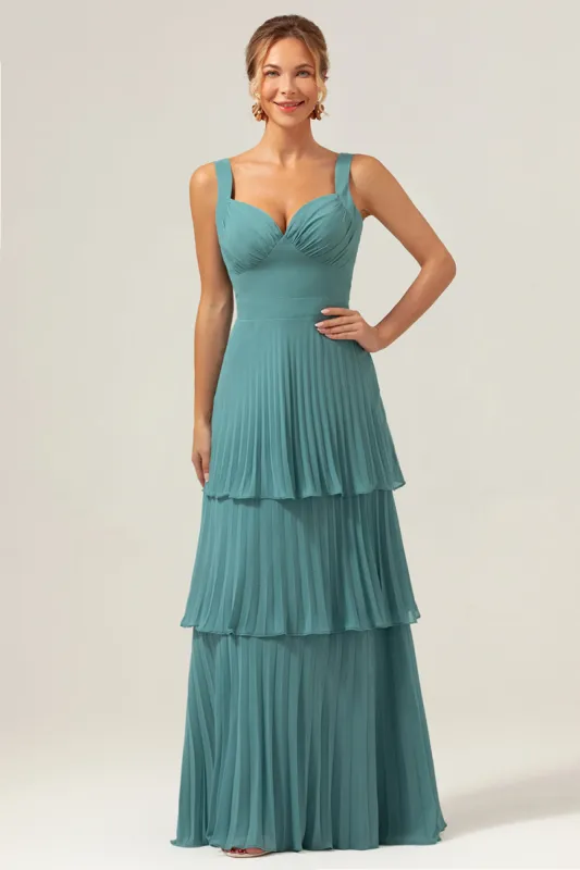 Eucalyptus A-Line Spaghetti Straps Chiffon Pleated Tiered Bridesmaid Dress sold by Zapaka