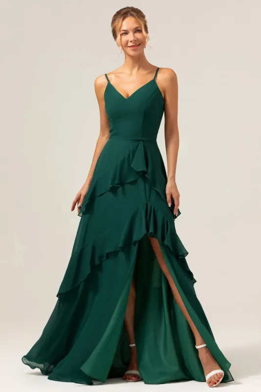 Dark Green A-Line Spaghetti Straps Chiffon Long Bridesmaid Dress with Ruffles sold by Zapaka