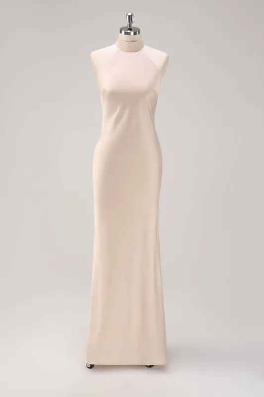 Champagne Halter Mermaid Bridesmaid Dress with Slit sold by Zapaka