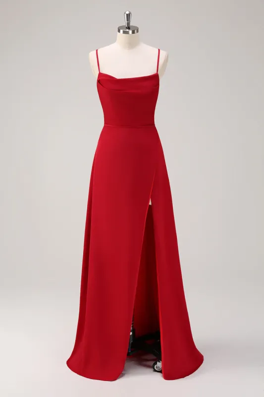 Burgundy Spaghetti Straps A-Line Bridesmaid Dress with Slit sold by Zapaka