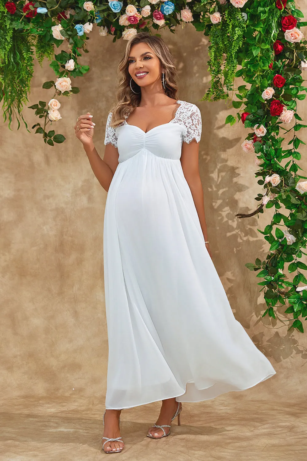 A Line White Long Maternity Bridesmaid Dress With Short Sleeves sold by Zapaka product image thumbnail 3