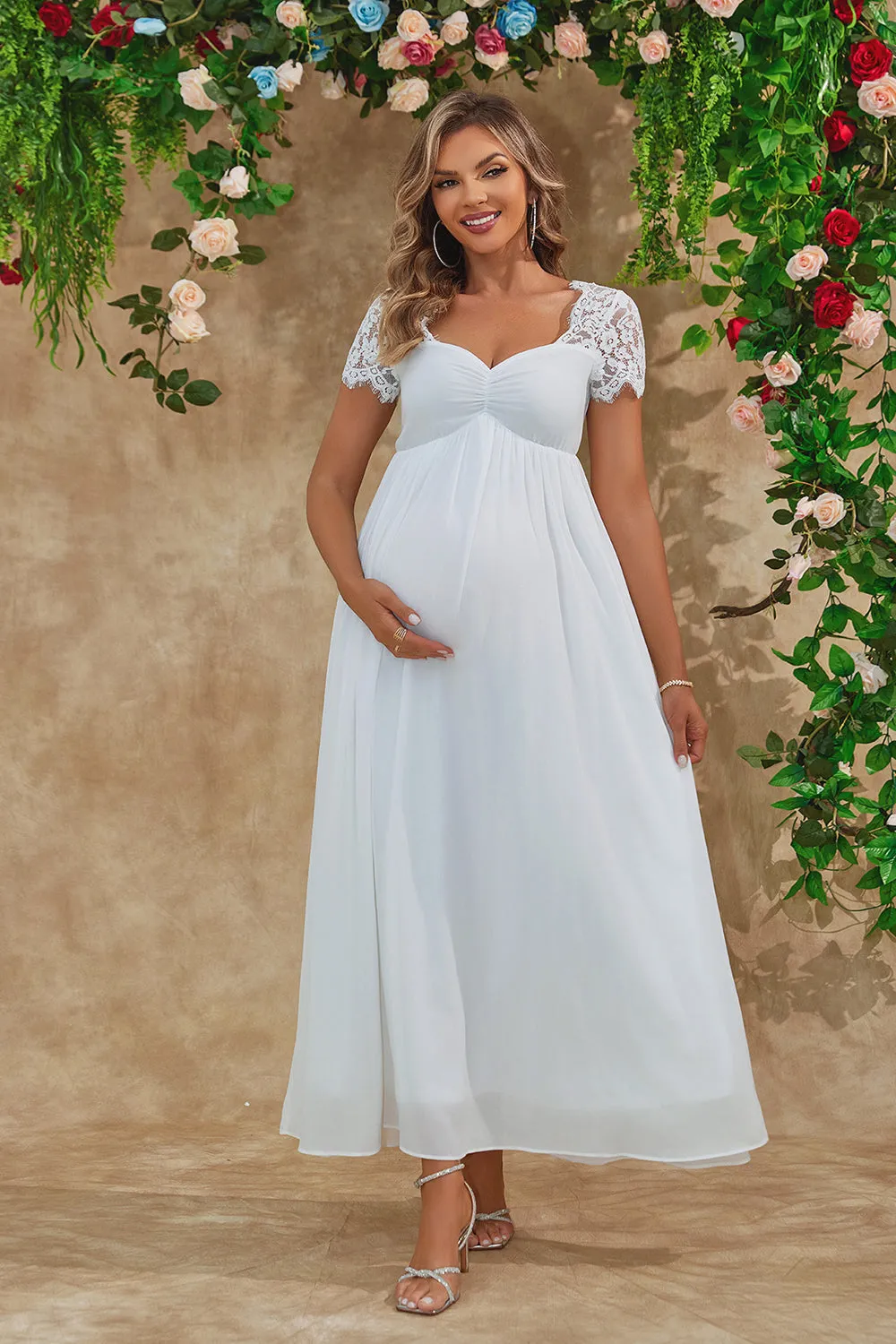 A Line White Long Maternity Bridesmaid Dress With Short Sleeves sold by Zapaka product image thumbnail 4