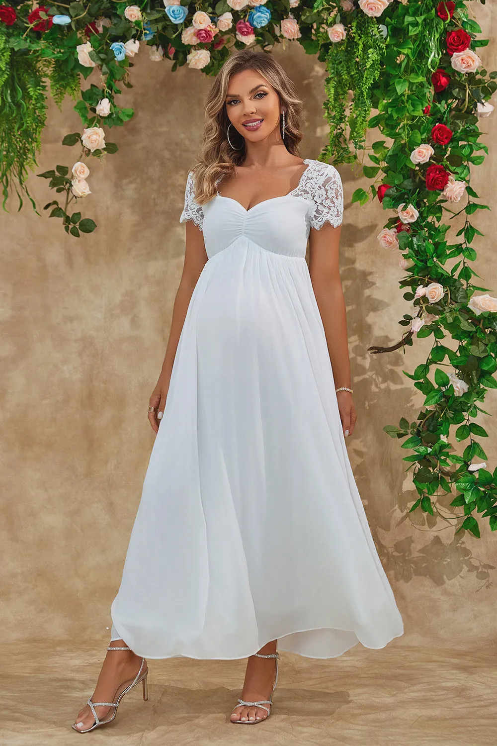 A Line White Long Maternity Bridesmaid Dress With Short Sleeves sold by Zapaka