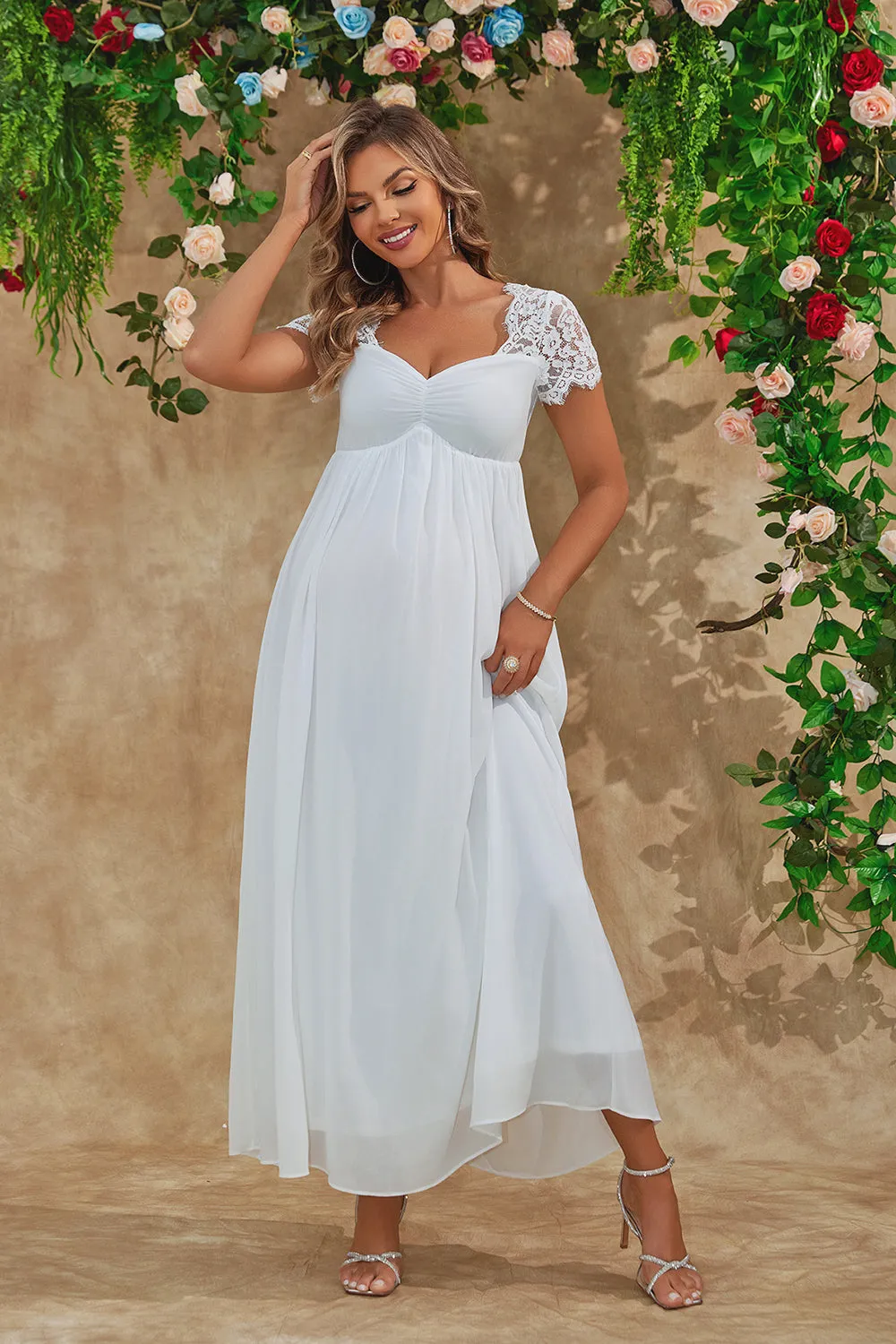 A Line White Long Maternity Bridesmaid Dress With Short Sleeves sold by Zapaka product image thumbnail 5