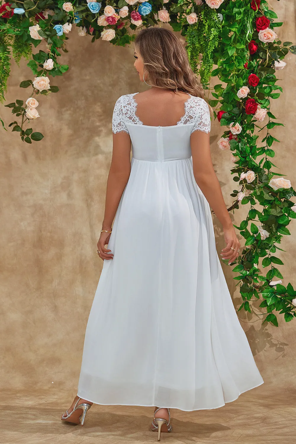 A Line White Long Maternity Bridesmaid Dress With Short Sleeves sold by Zapaka product image thumbnail 2