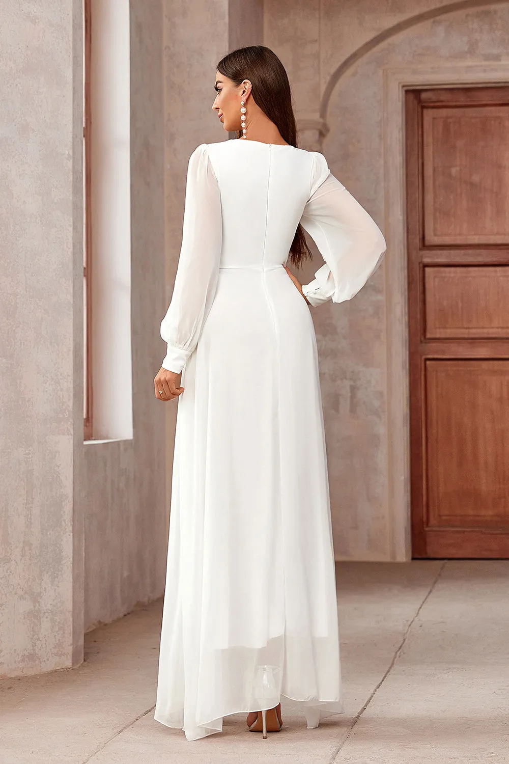 White A-Line Wrap Long Sleeves High-Low Party Dress sold by Zapaka product image thumbnail 2